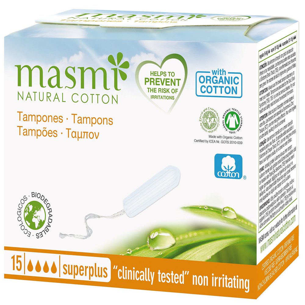 15 Masmi Super Plus None Applicator Tampons Organic 100% Biodegradable, Hypoallergenic, Perfume Viscose Rayon Chlorine and Dioxin (Single Pack)