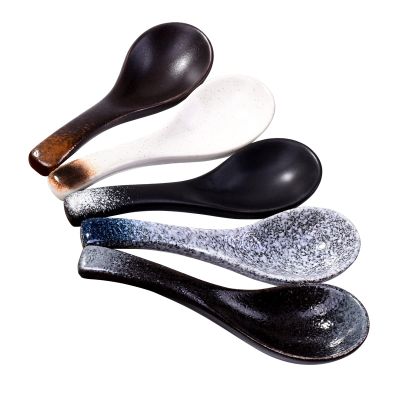Cerficer Japanese Ceramic Soup Spoon Set of 5, 5.3" Reactive Glaze Ramen Spoons with Deep Bowl, Sturdy Porcelain Spoons for Pho, Wonton & Miso Soup, Artisan Asian Dinnerware, Dishwasher Safe