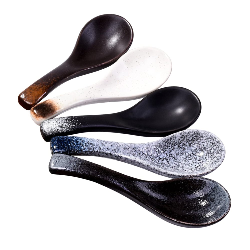 Cerficer Japanese Ceramic Soup Spoon Set of 5, 5.3" Reactive Glaze Ramen Spoons with Deep Bowl, Sturdy Porcelain Spoons for Pho, Wonton & Miso Soup, Artisan Asian Dinnerware, Dishwasher Safe