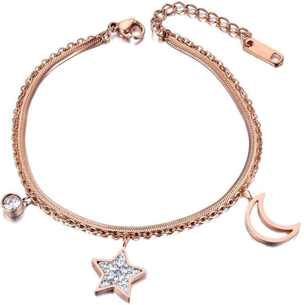 Bracelet Jewelry Stainless Steel Bracelet Star Moon Charm Double Ladies Bracelet Stainless Steel Snake Chain Bohemian Summer Beach Jewelry