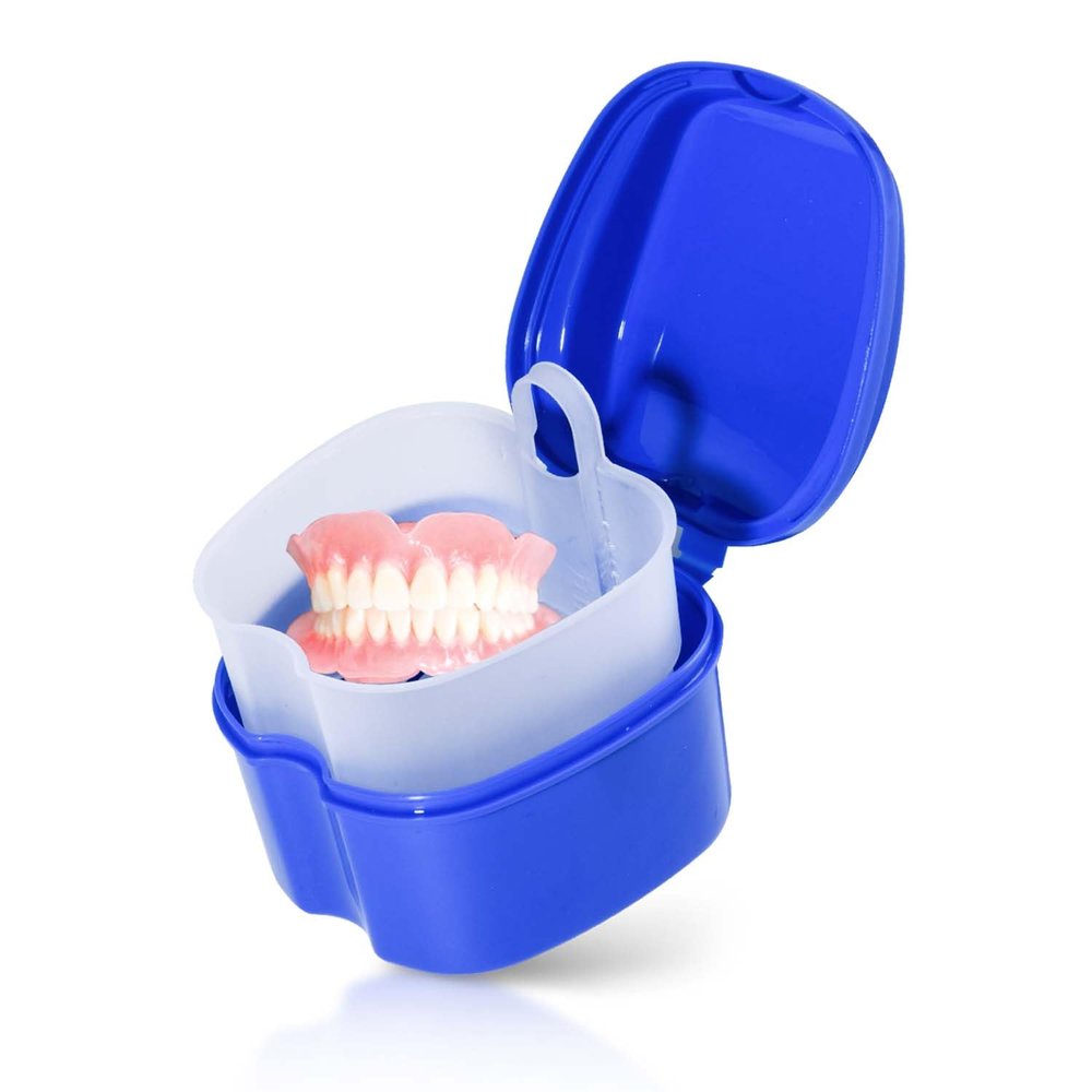 KISEER Denture Bath Case Cup Box Holder Storage Soak Container with Strainer Basket for Travel Cleaning (Blue)