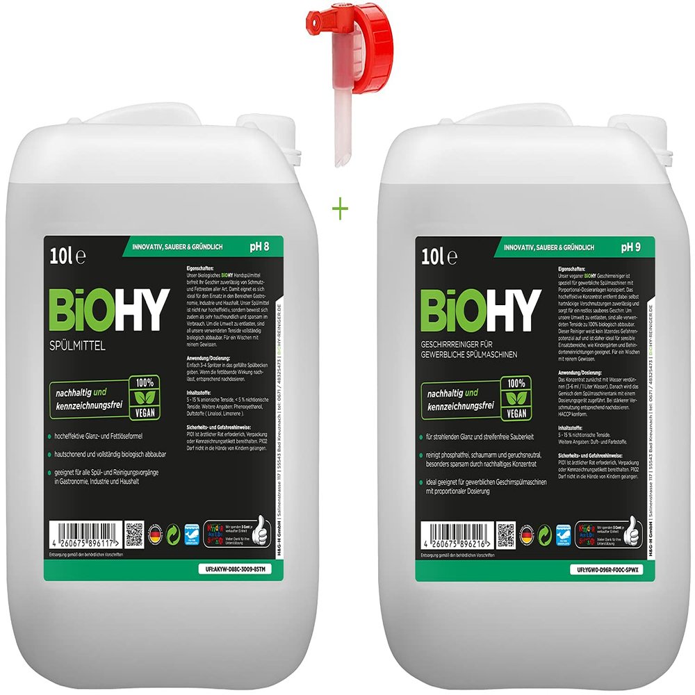 BiOHY Cleaning Set | Washing Up Liquid 10 Litre Canister | Dish Cleaner 10 Litre Canister | Includes Spout Tap for Easy Transfer