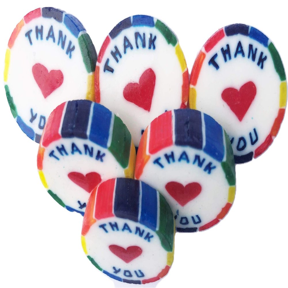 100 Rainbow THANK YOU wrapped rock sweets with a red heart in Mango Passion Cheesecake Flavour - suitable for vegans