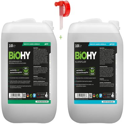 BIOHY Splmaschinen Reinigungs-Set in Vorratsgre | Klarspler 10 Liter Kanister | Geschirrreiniger 10 Liter Kanister | Inklusive Auslaufhahn | Fr glanzvolle Reinigungsergebnisse