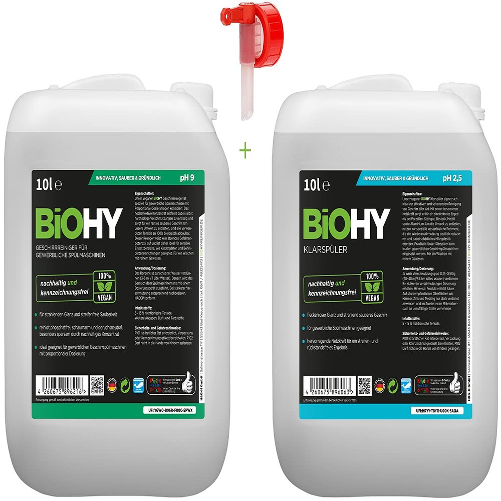 BIOHY Splmaschinen Reinigungs-Set in Vorratsgre | Klarspler 10 Liter Kanister | Geschirrreiniger 10 Liter Kanister | Inklusive Auslaufhahn | Fr glanzvolle Reinigungsergebnisse