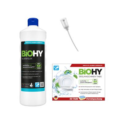 BiOHY Dishwasher Cleaning Set | Rinse Aid 1 Litre Bottle | Dishwasher Tablets Pack of 60 | Includes Dispenser for Simplified Quantity Application