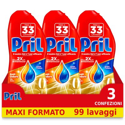 Pril Gold Gel Dishwasher, Anti Odour Action, Vinegar, 3 Packs of 33 Washes