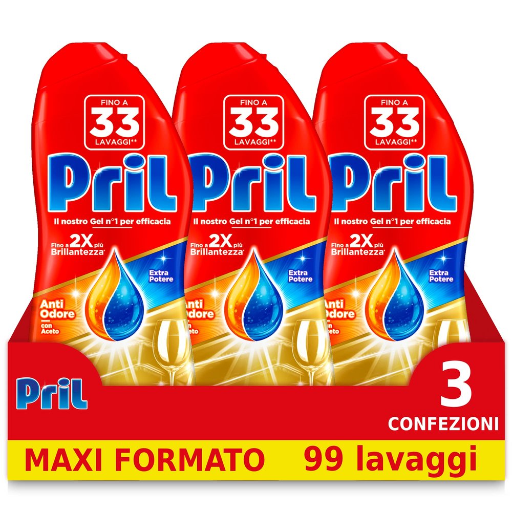 Pril Gold Gel Dishwasher, Anti Odour Action, Vinegar, 3 Packs of 33 Washes