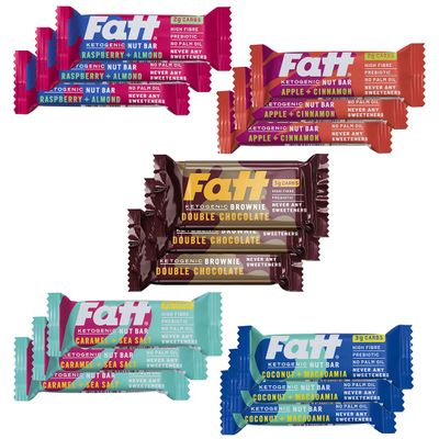 NEW SELECTION. Fatt Keto Snack Bars & Brownie - Variety Pack - 15 x Products - 5 Flavours - 2-3g Carbs - 100% Natural Snacks - Low Carb, Low Sugar, High Prebiotic Fibre, & Sweetener Free - FattBar