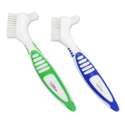 2 x Denture Brushes ~ Rubber Grips, Easy Hold Handle, Double Bristle Head (Blue & Green, One Size)