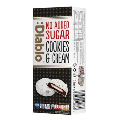 Diablo No Added Sugar Dark Cookies with Milk Cream Filling Covered in White Glaze  No Added Sugar Biscuits Snacks for Adults & Families, Sweet Treats Sweetened with Maltitol, 128g (Pack of 1)