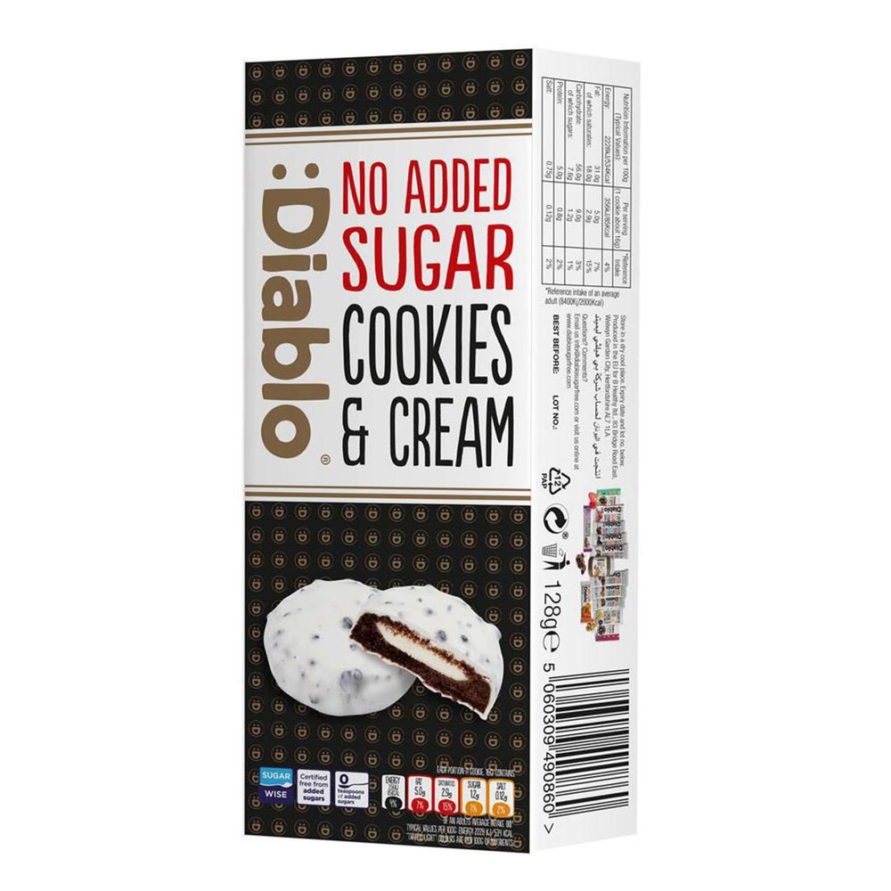 Diablo No Added Sugar Dark Cookies with Milk Cream Filling Covered in White Glaze  No Added Sugar Biscuits Snacks for Adults & Families, Sweet Treats Sweetened with Maltitol, 128g (Pack of 1)