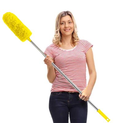 Microfiber Duster with Extension Pole(Stainless Steel), Extra Long 100 inches, with Bendable Head, Extendable Duster for Cleaning Ceiling Fan, High Ceiling, Keyboard, Furniture & Cobweb Yellow