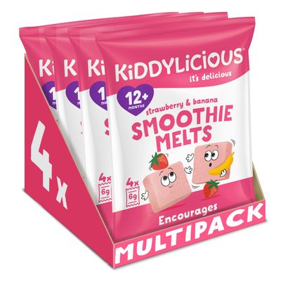 Kiddylicious Strawberry & Banana Smoothie Melts - Delicious Snacks for Kids - Suitable for 12+ Months - 4 Packs of 4 (16 Total)