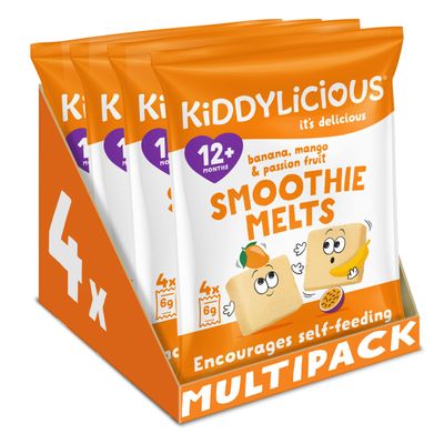 Kiddylicious Banana, Mango & Passionfruit Smoothie Melts - Delicious Snacks for Kids - Suitable for 12+ Months - 4 Packs of 4 (16 Total)