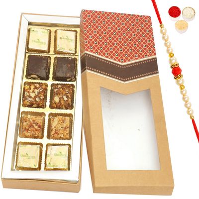 Ghasitaram Gifts Rakhi Gifts for Brothers Rakhi Sweets - 10 pcs Assorted Bites Kraft Box with Beads Rakhi