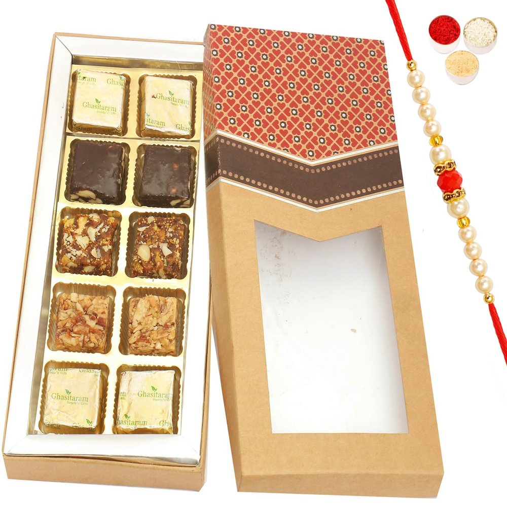Ghasitaram Gifts Rakhi Gifts for Brothers Rakhi Sweets - 10 pcs Assorted Bites Kraft Box with Beads Rakhi