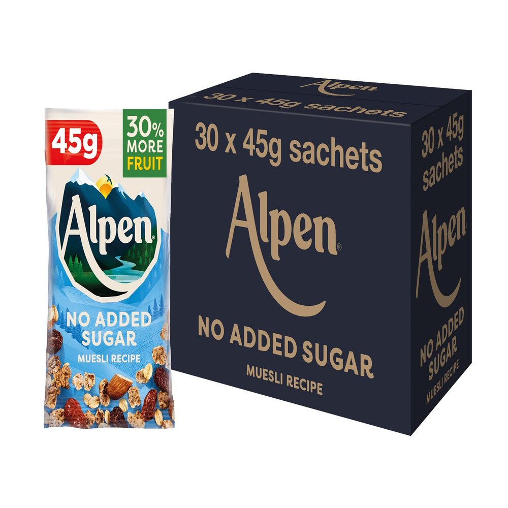 Alpen No Added Sugar Muesli, Breakfast, High in Fibre, Vegetarian, Low Sugar, (Pack of 30) 45g