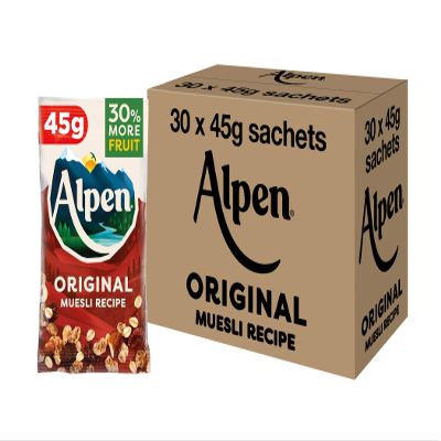 Alpen Original Muesli, Breakfast, High in Fibre, Vegetarian, Low Sugar, (Pack of 30) 45g