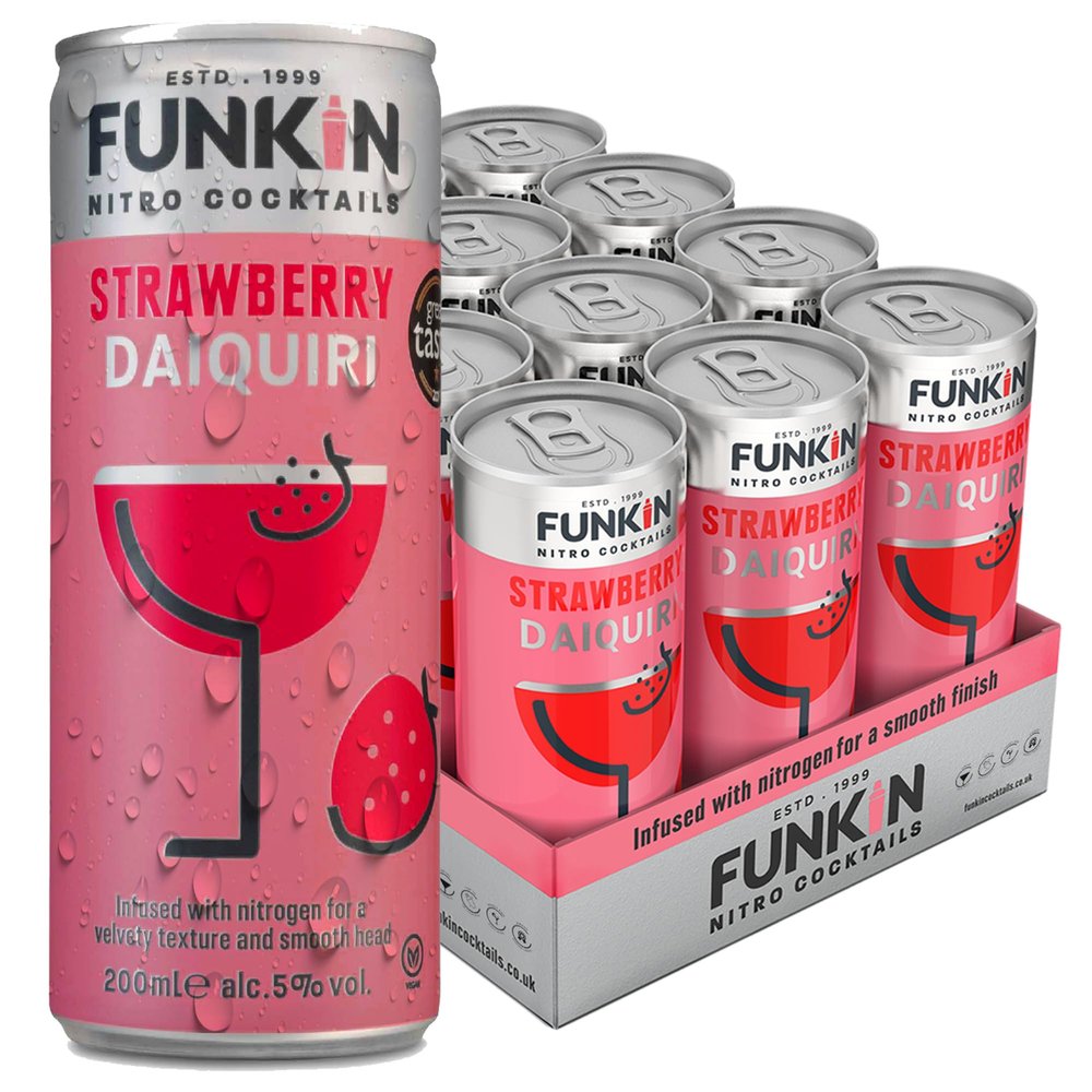 FUNKIN Cocktails Ready to Drink Strawberry Daiquiri Nitro Cocktail Cans | 5% ABV | Velvety Texture, Smooth Head | Just Pop & Pour, Serve Chilled | Sweet & Refreshing | 200ml, Pack of 12