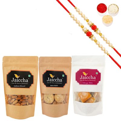 Ghasitaram Gifts Rakhi Gifts for Brothers Rakhi Sweets - Best of 3 Mango Bites 200 GMS,Methi Mathi 150 GMS Pouch and Almonds 100 GMS Pouch with 2 Pearl Beads Rakhis