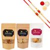 Ghasitaram Gifts Rakhi Gifts for Brothers Rakhi Sweets - Best of 3 Mango Bites 200 GMS,Methi Mathi 150 GMS Pouch and Almonds 100 GMS Pouch with 2 Pearl Beads Rakhis view 1
