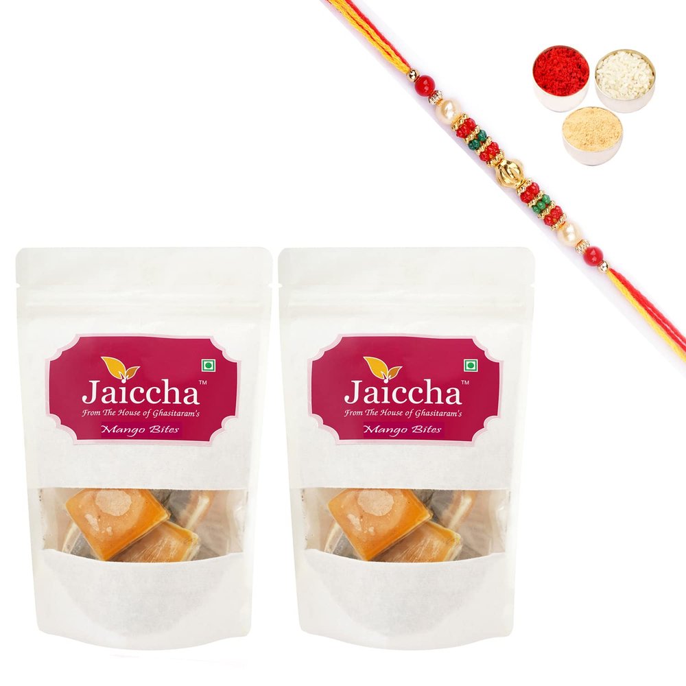 Jaiccha Ghasitaram Rakhi Gifts for Brothers Rakhi Sweets - Mango Bites 400 GMS in White Paper Pouch with Pearl Beads Rakhi