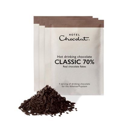Hotel Chocolat Classic 70% Dark Hot Chocolate Sachets - Luxury Chocolate Flakes - Pack of 20 Single-Serve Sachets, 620g - Suitable for Vegetarians & Vegans - Serve Hot or Iced