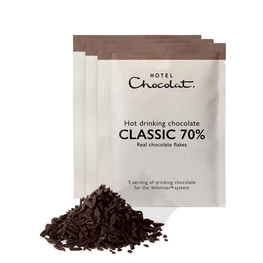 Hotel Chocolat Classic 70% Dark Hot Chocolate Sachets - Luxury Chocolate Flakes - Pack of 20 Single-Serve Sachets, 620g - Suitable for Vegetarians & Vegans - Serve Hot or Iced