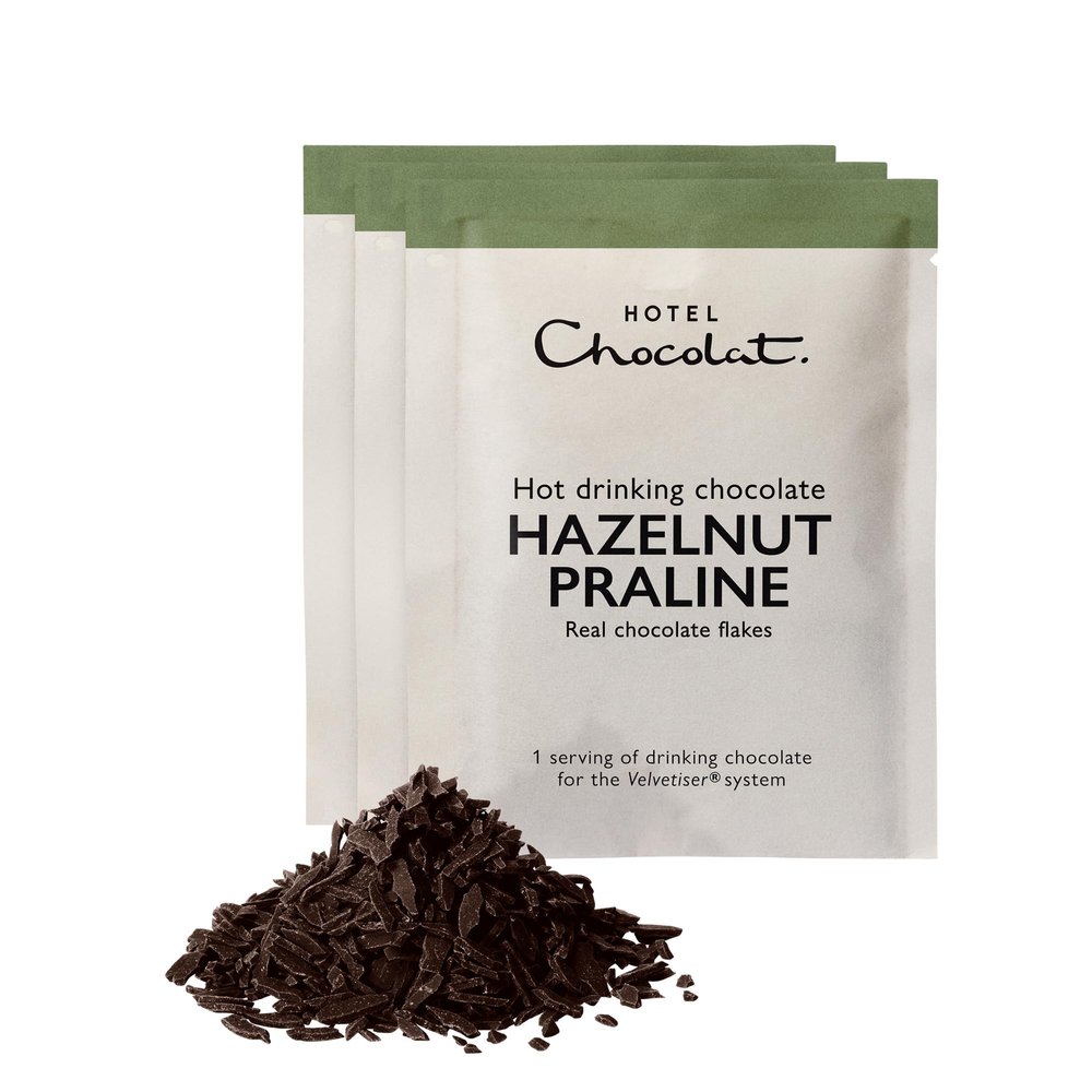 Hotel Chocolat Hazelnut Praline Hot Chocolate Sachets - Luxury Chocolate Flakes - Pack of 20 Single-Serve Sachets, 620g - Made To Pair With The Velvetiser - Serve Hot or Iced