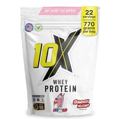 10X Athletic Whey Protein Powder - Strawberry Milkshake | 770g, 22 Servings | 25g Protein per Scoop | Low Calorie, Gluten-Free & Vegetarian | Smooth Taste | Muscle Support and Repair