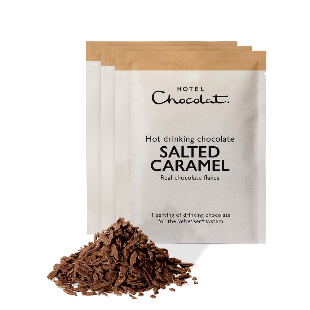 Hotel Chocolat Salted Caramel Hot Chocolate Sachets - Luxury Chocolate Flakes - Pack of 20 Single-Serve Sachets, 620g - Made To Pair With The Velvetiser - Serve Hot or Iced