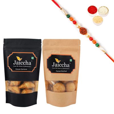 Jaiccha Ghasitaram Rakhi Gifts for Brothers - Pack of 2 Farsan Samosa and Farsan Kachori with Rudraksh Rakhi