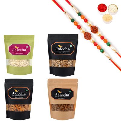 Jaiccha Ghasitaram Rakhi Gifts for Brothers - Pack of 4 Diet Chiwda, SOYA Sticks, Nachini Sev and Wheat Puffs with 2 Rudraksh Rakhis