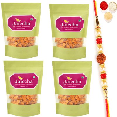 Jaiccha Ghasitaram Rakhi Gift for Brother - Chana JOR 800 GMS in Green Paper Pouch with Rudraksh Rakhi