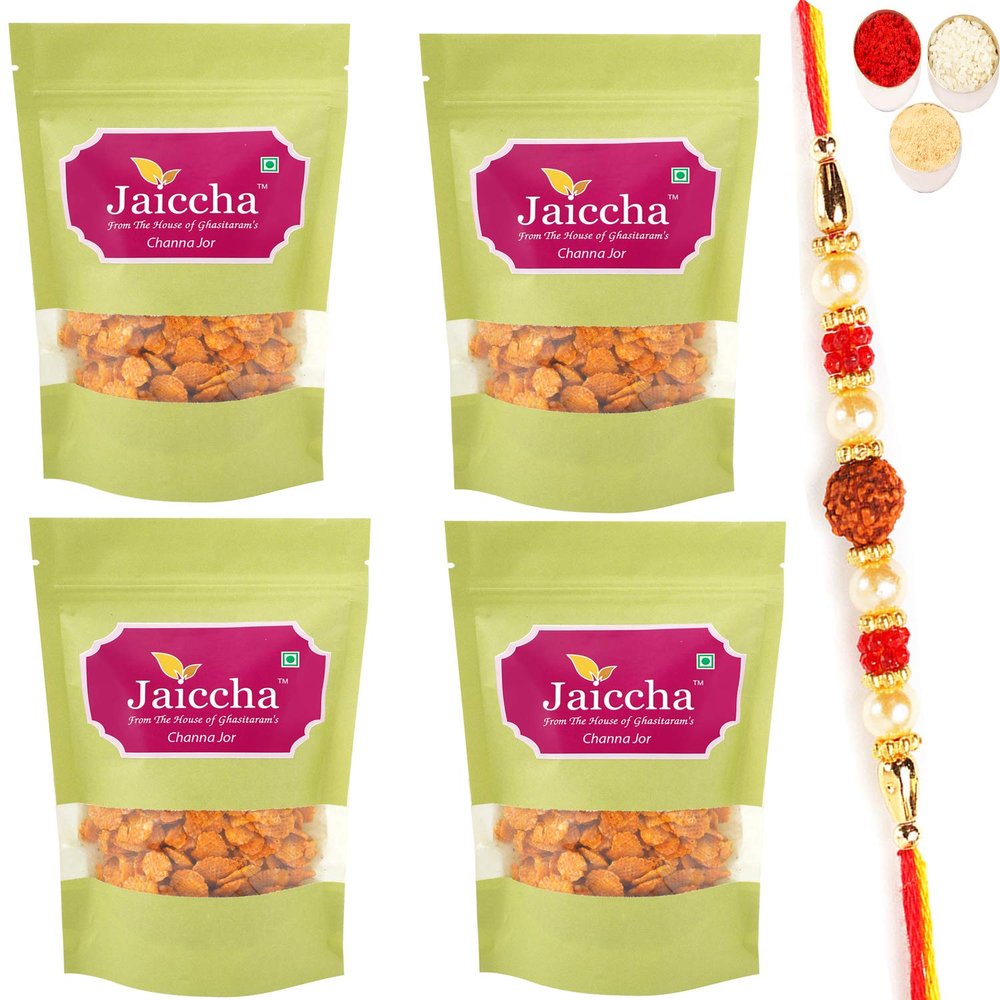 Jaiccha Ghasitaram Rakhi Gift for Brother - Chana JOR 800 GMS in Green Paper Pouch with Rudraksh Rakhi