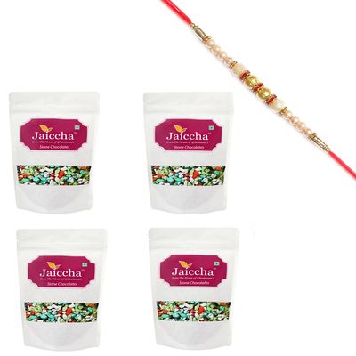 Jaiccha Ghasitaram Rakhi Gifts for Brothers Rakhi Chocolate - Stone/Rock Chocolates 800 GMS in White Paper Pouch with Pearl Rakhi