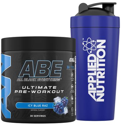 Applied Nutrition Bundle ABE Pre Workout 375g + 750ml Steel Protein Shaker | All Black Everything Pre Workout Powder, Energy & Physical Performance, Creatine, Beta Alanine (ICY Blue Raz)