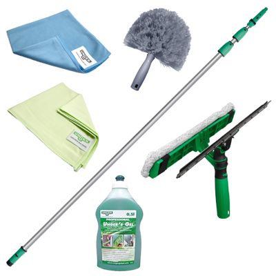 UNGER 6 Piece Conservatory Window Cleaning Kit - 6m Telescopic Pole, Squeegee/Washer, Cobweb Duster, Microfibre Cloths, Soap - Extendable Long Reach