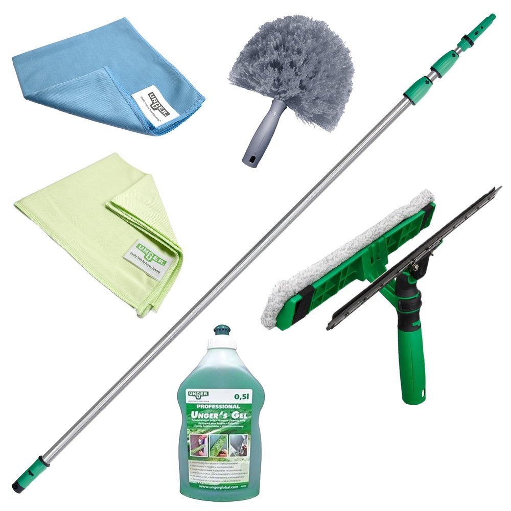 UNGER 6 Piece Conservatory Window Cleaning Kit - 6m Telescopic Pole, Squeegee/Washer, Cobweb Duster, Microfibre Cloths, Soap - Extendable Long Reach