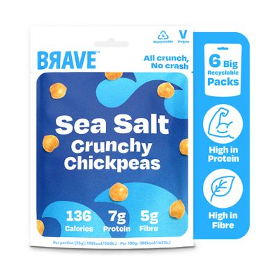 BRAVE Roasted Chickpeas: Healthy Snack, High Protein, Low Calorie - Sea Salt (6 x 115g Packs)