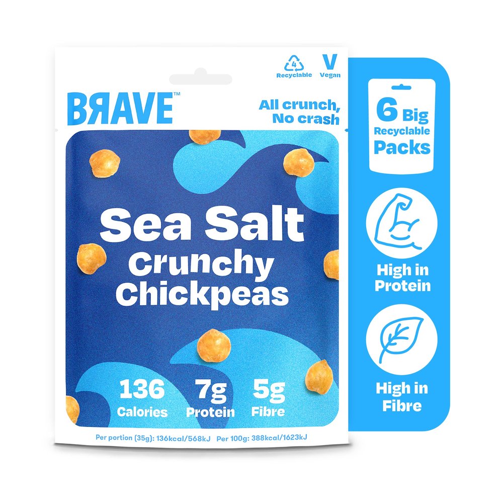 BRAVE Roasted Chickpeas: Healthy Snack, High Protein, Low Calorie - Sea Salt (6 x 115g Packs)