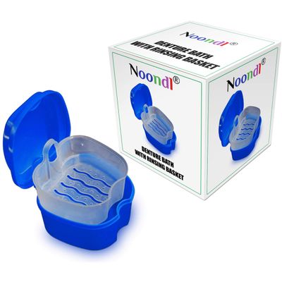 Denture Bath with Rinsing Basket 9cm x 9cm x 7cm,BPA Free Orthodontic Denture Holder by Noondl Dental