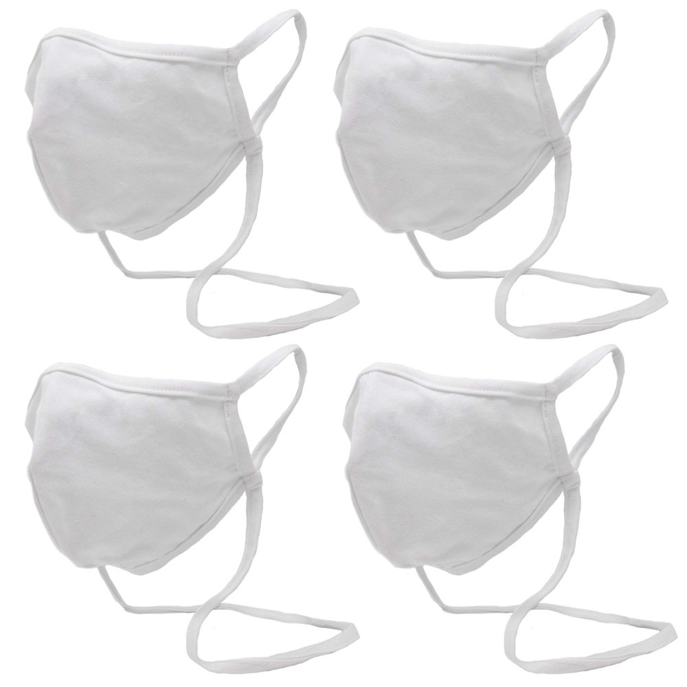 Buttonsmith White Adult Cotton Adjustable Face Mask with Filter Pocket - Pack of 4 - Two Layer Soft T-Shirt Material - Washable - Made in The USA