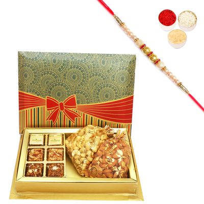Ghasitaram Gifts Rakhi Gifts for Brothers Rakhi Chocolate 6 Pcs Assorted Choco Dryfruit Bites,Almonds, Cashews Pouches in Fancy Gift Box with Pearl Rakhi