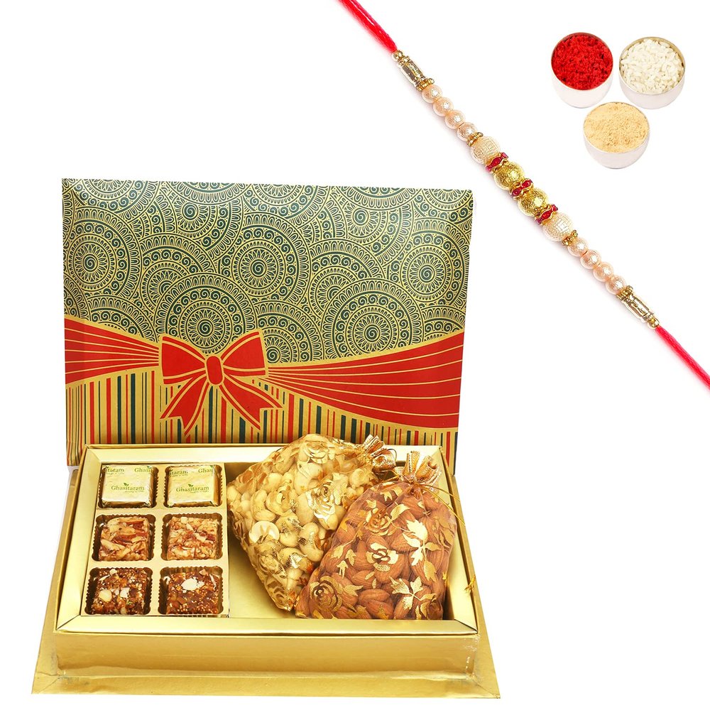 Ghasitaram Gifts Rakhi Gifts for Brothers Rakhi Chocolate 6 Pcs Assorted Choco Dryfruit Bites,Almonds, Cashews Pouches in Fancy Gift Box with Pearl Rakhi