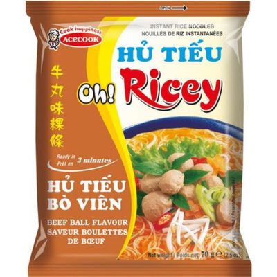 ACECOOK Oh Ricey Instant Rice Noodle Beef Ball, 70 g - Pack of 24