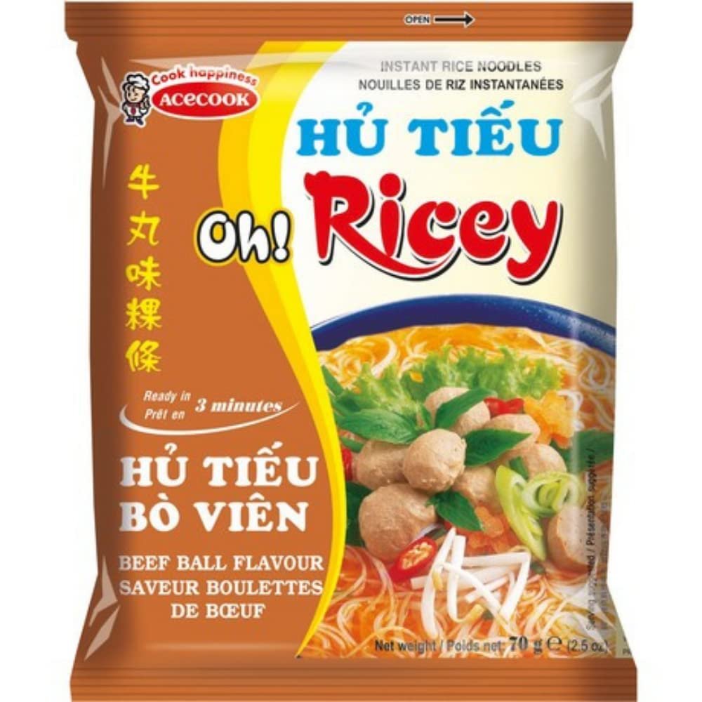 ACECOOK Oh Ricey Instant Rice Noodle Beef Ball, 70 g - Pack of 24