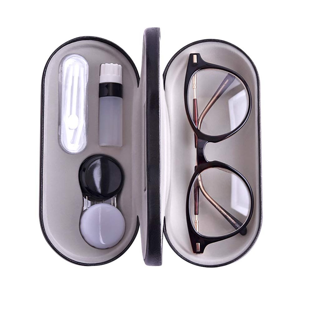 Calayu Dual Use Glasses Case, Glasses and Contact Lenses, Glasses Case, Contact Lens Cases with Built-in Mirror, black, 15.8*7.4*5.0cm