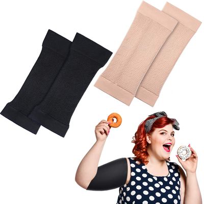 2 Pairs Arm Shapers for Plus Size Women, Upper Arm Sleeves Slimming Arm Wraps Slim Arm Compression Sleeve for Flabby Arms Tone Shape (Black, Beige, L)